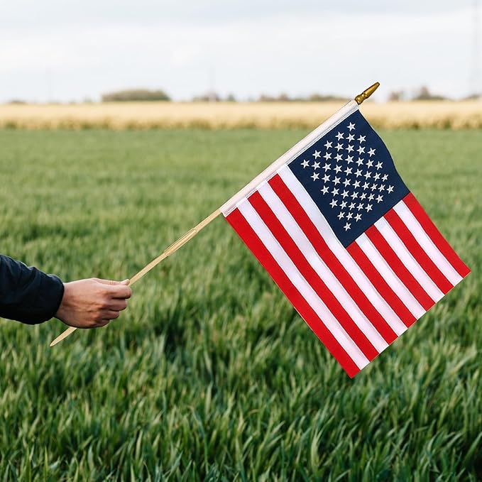 100 Pcs 12x18 Inch American Flags on Stick, American Flags, USA Stick Flag with Handheld and Grounded Multi-Purpose Flagpole, Design for Memorial Day, 4th of July, Veterans Day