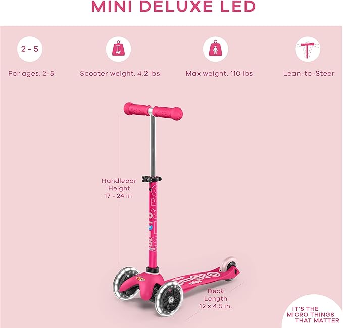 Micro Kickboard Mini Deluxe LED Three-Wheeled Lean-to-Steer Swiss-Designed Micro Scooter