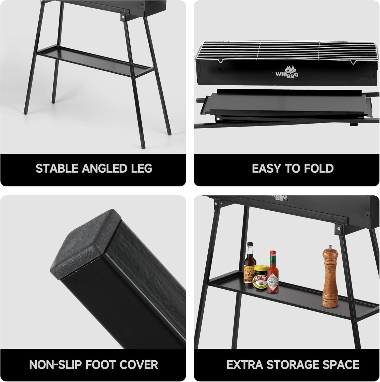 Charcoal Grills Commercial Quality Portable Multiple Size Hibachi BBQ Lamb Skewer Folded Camping Barbecue Grill for Backyard Party Picnic Use(31.6x7.1x5.1 inch With Accessories),BLACK