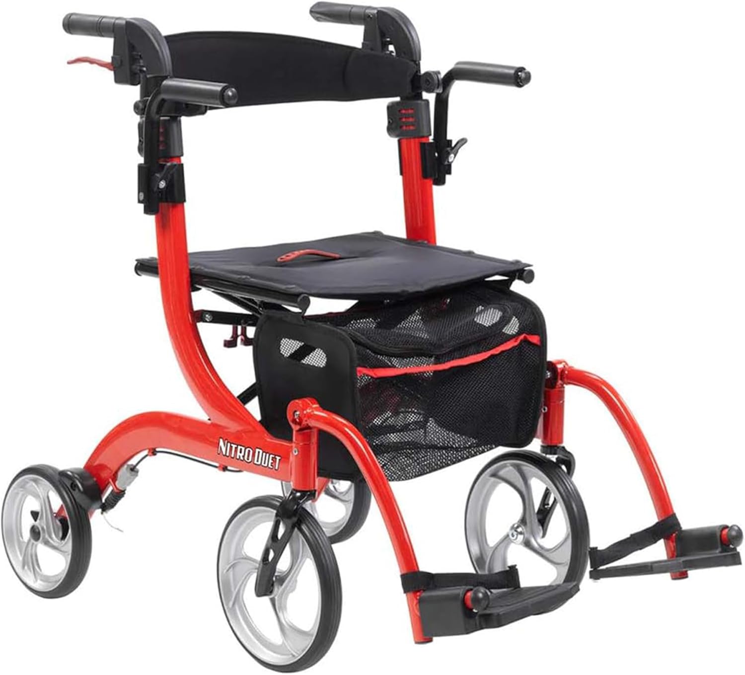 Medical Nitro Dual Function Transport Wheelchair and Rollator Rolling Walker Combo with Hand Activated Brakes and Back Support, Red
