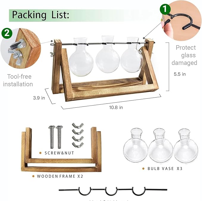 Ivolador I Plant Propagation Station, Bulb Plant Terrarium with Wooden Stand, Unique Gardening Gifts for Women, Hydroponic Indoor Planter, Home Office Garden Wedding Decor - 3 Bulb Glass Vases