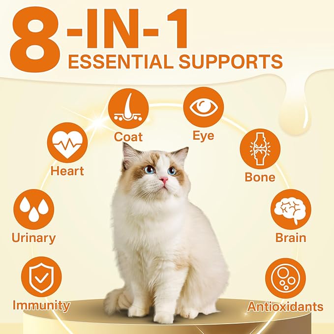 Cat Multivitamin - 500 Chews Crunchy & Creamy Cheese Core, Cat Vitamins + Taurine for 8-in-1 Support - Immune, Urinary, Heart, Skin & Coat, Eyes, Brain, Bone for Cats Kittens - Egg Yolk Flavor