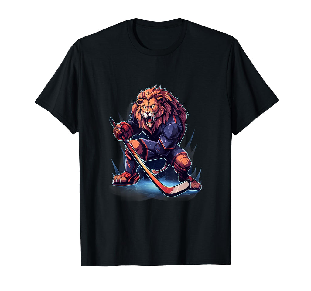 Lion Ice Hockey Player Hockey Stick T-Shirt - Minimalist Print Men Women