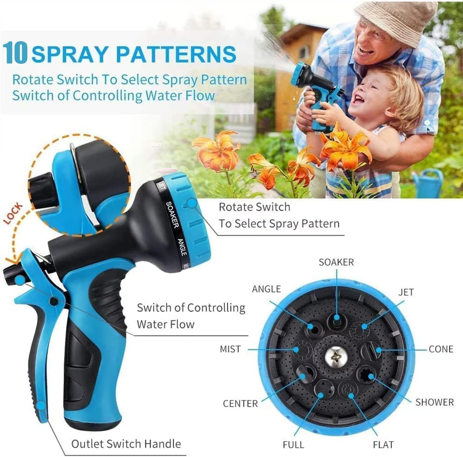 50ft Garden Hose - Water Hoses w/10 Function Spray Nozzle, 2025 New Superior Strength Flexible Hose, 3/4" Brass Connectors- Leakproof Lightweight Water Pipe for Gardening(Blue Black)