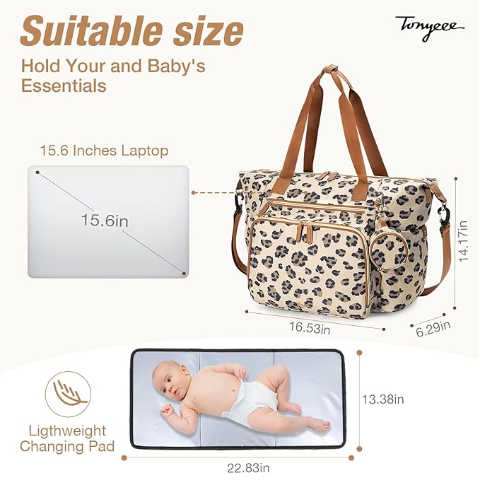 Diaper Bag Tote, Large Baby Diaper Bags for Travel, Hospital Bag for Labor Delivery with Pacifier Case, Changing Pad, Shoulder Strap, Leopard Print