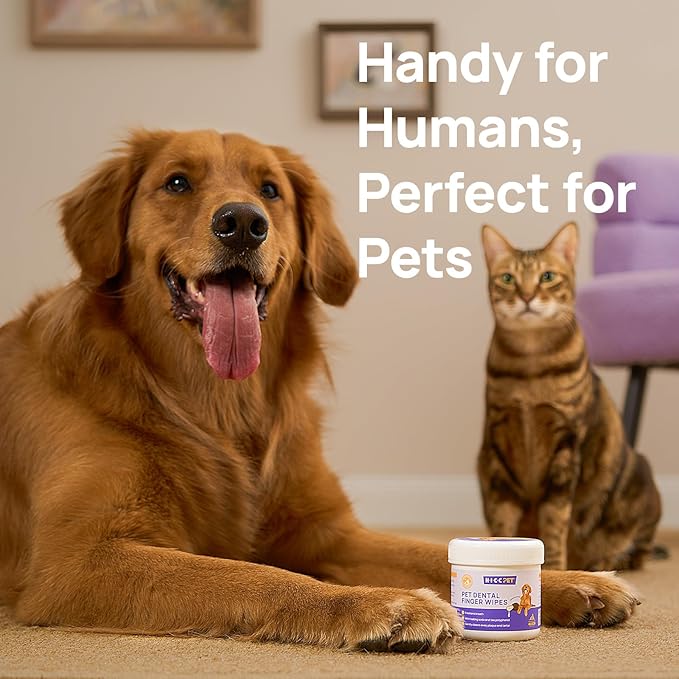 HICC PET Teeth Cleaning Wipes for Dogs & Cats, Remove Bad Breath by Removing Plaque and Tartar Buildup No-Rinse Dog Finger Toothbrush, Disposable Gentle Cleaning & Gum Care Pet Wipes, 50 Counts