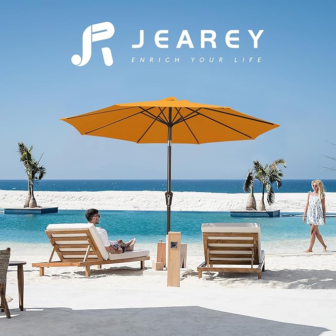JEAREY 10FT Outdoor Patio Umbrella Outdoor Table Umbrella with Push Button Tilt and Crank, Market Umbrella 8 Sturdy Ribs UV Protection Waterproof for Pool, Garden (Light Orange)