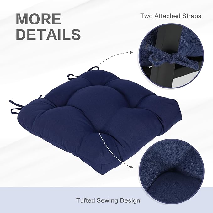 Aoodor 19" x 19" x 5" Tufted Outdoor Chair Cushions, Water Resistant & Fade Resistant Polyester Dining Chair Pads with 2 Straps for Patio Furniture, Set of 4