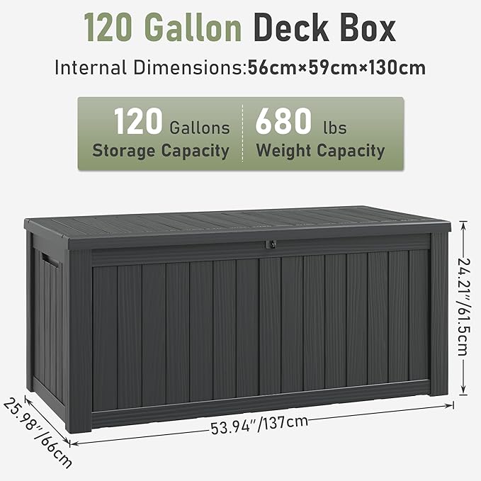 NUNU LAB Outdoor Storage Box,120 Gallon Deck Box,Resin Waterproof Outside Storage Bench,Outdoor Storage Cabinet With Lockable Lid,Backyard Deck Box For Garden Tools,Patio Cushions,Pool Accessories