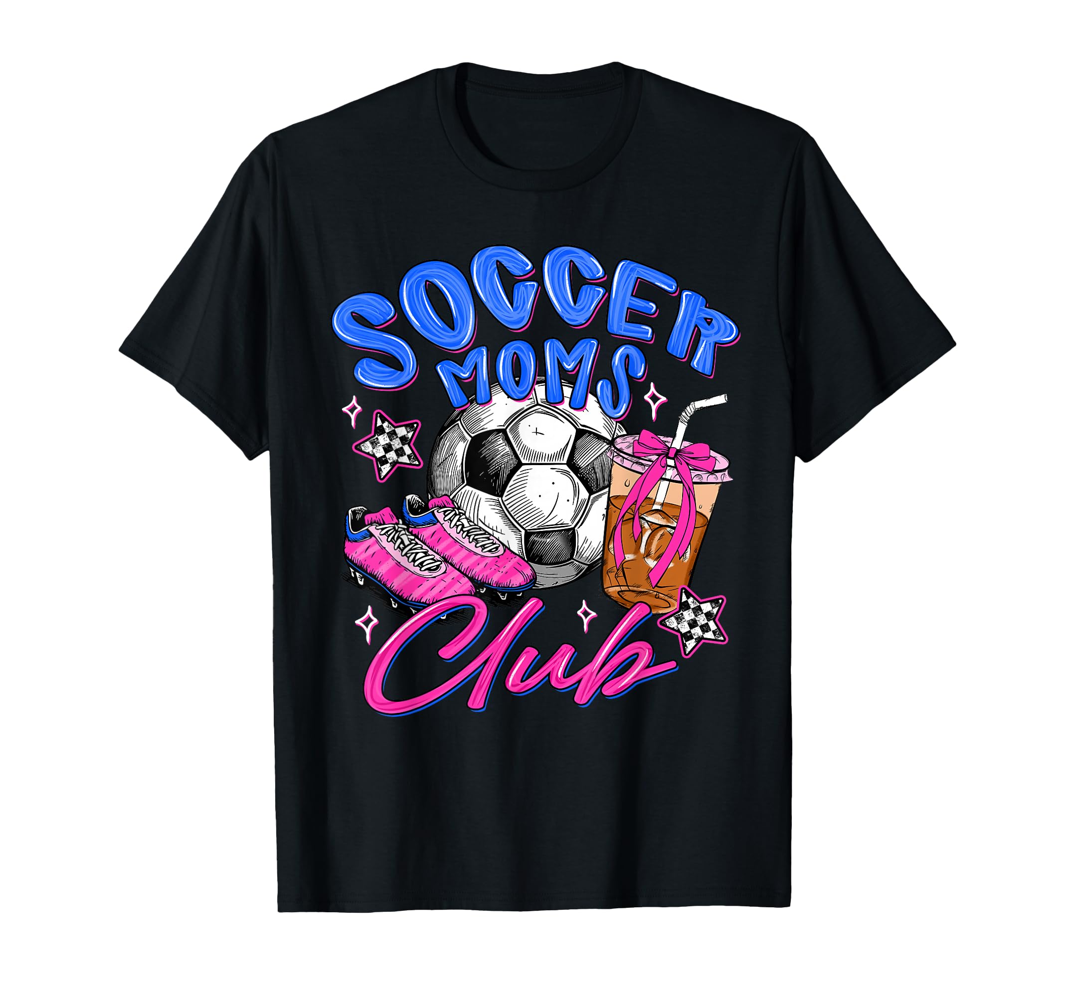 Soccer Moms Club Bow Coffee Checkered T-Shirt - Trendy Graphic for Adults