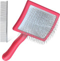 Dog Slicker Brush for Shedding and Grooming Medium or Long Haired Cats, Extra Long & Soft Pin Slicker Brush for Removes Loose Hair, Tangles, Knots, Undercoat, Free Pet Comb, Large Red