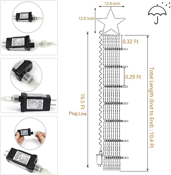 Christmas Decoration Lights, Outdoor Christmas String Lights 320 LED 11.5 Ft Waterfall Tree Lights with Big Star Topper 8 Light Modes for Christmas New Year Holiday Garden Yard Indoor Outdoor Decor