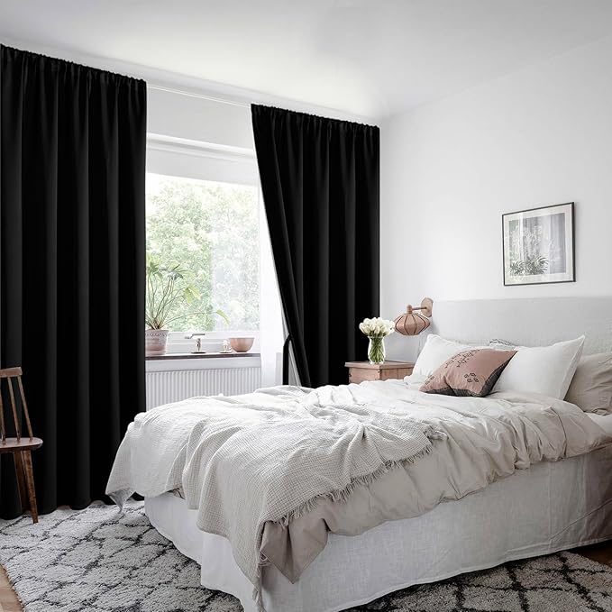 XWZO Black Blackout Curtains 2 Panels with Tiebacks- Rod Pocket Heat and Full Light Blocking Window Panels for Bedroom/Basement, 54 Inches Long Thermal Insulated Draperies, W42 x L54, Set of 2