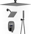 Shower Faucet Set Matte Black Temperature Display Shower System, Push Button Shower Faucet with Dual Rain Shower Head(12 inch+8 inch), and Handheld Shower
