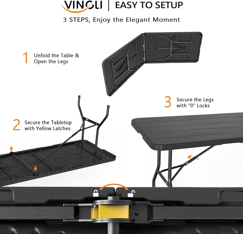VINGLI 8 Foot Plastic Folding Table Portable Long Table for Indoor Outdoor Use Rectangular with Carrying Handle, Black