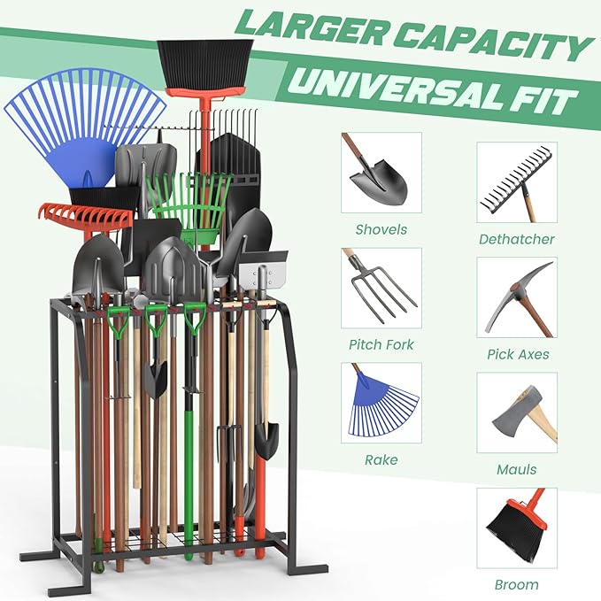 Trieez Extra Large Garden Tool Organizer for Garage, NEVER FALL OVER - Yard Tool Organizer Garage for Organization and Storage, Tool Rack for Shed, Outdoor, Tool Stand