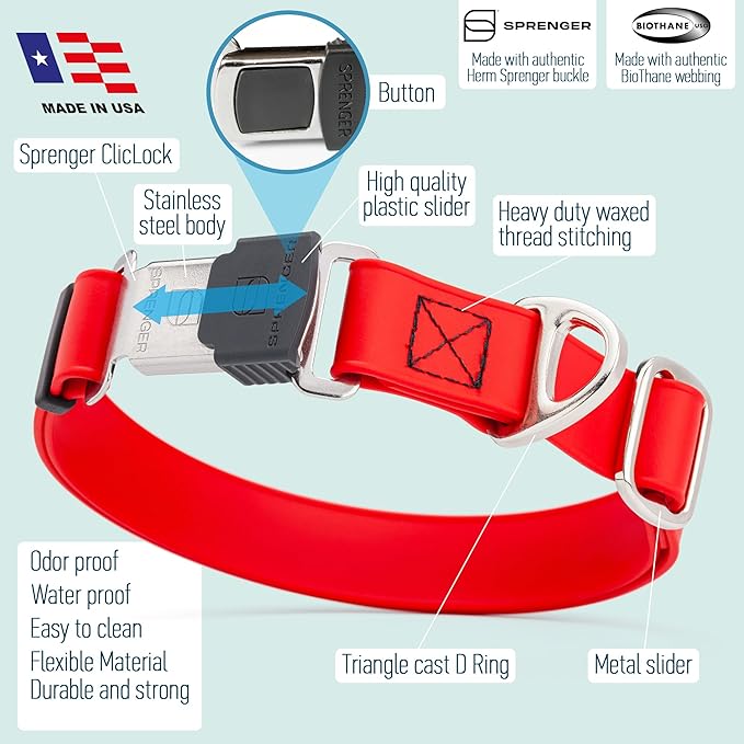 Dogline Biothane Waterproof Dog Collar with Herm Sprenger Black Stainless Steel Quick Release Buckle – Heavy Duty Tactical Durable Collar for Dogs – Comfortable and Safe Pet Collar W 1" L 15-25" Red