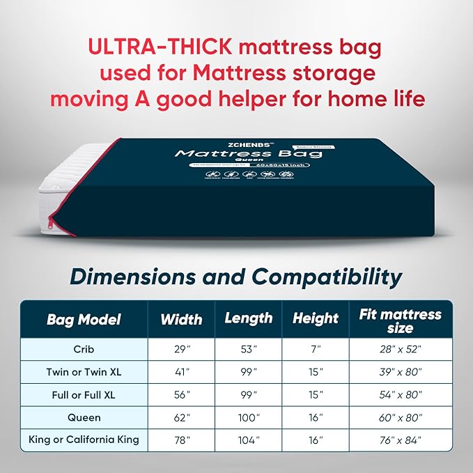 ZCHENBS® – Mattress Bags for Moving and Storage,Mattress Bag with Zippers,5 Mil Ultra-Thick Bed Bag,Waterproof,Anti-Tear,Heavy-Duty Mattress bag (Black, Queen-(2 Pack))