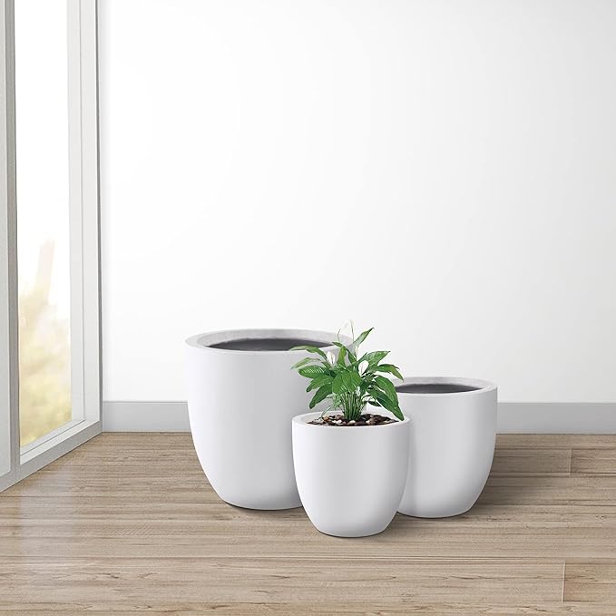 Kante 18",14",10" Dia Concrete Round Planters (Set of 3), Outdoor Indoor Large Planter Pots with Drainage Hole and Rubber Plug for Home Patio Garden, Pure White