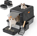 Enclosed Stainless Steel Litter Box with Lid, 20L Metal Enclosed Litter Box for Big Cat, Flip-Top Design with Anti-Leakage High Sides, Cat Lovers Gifts（Black）