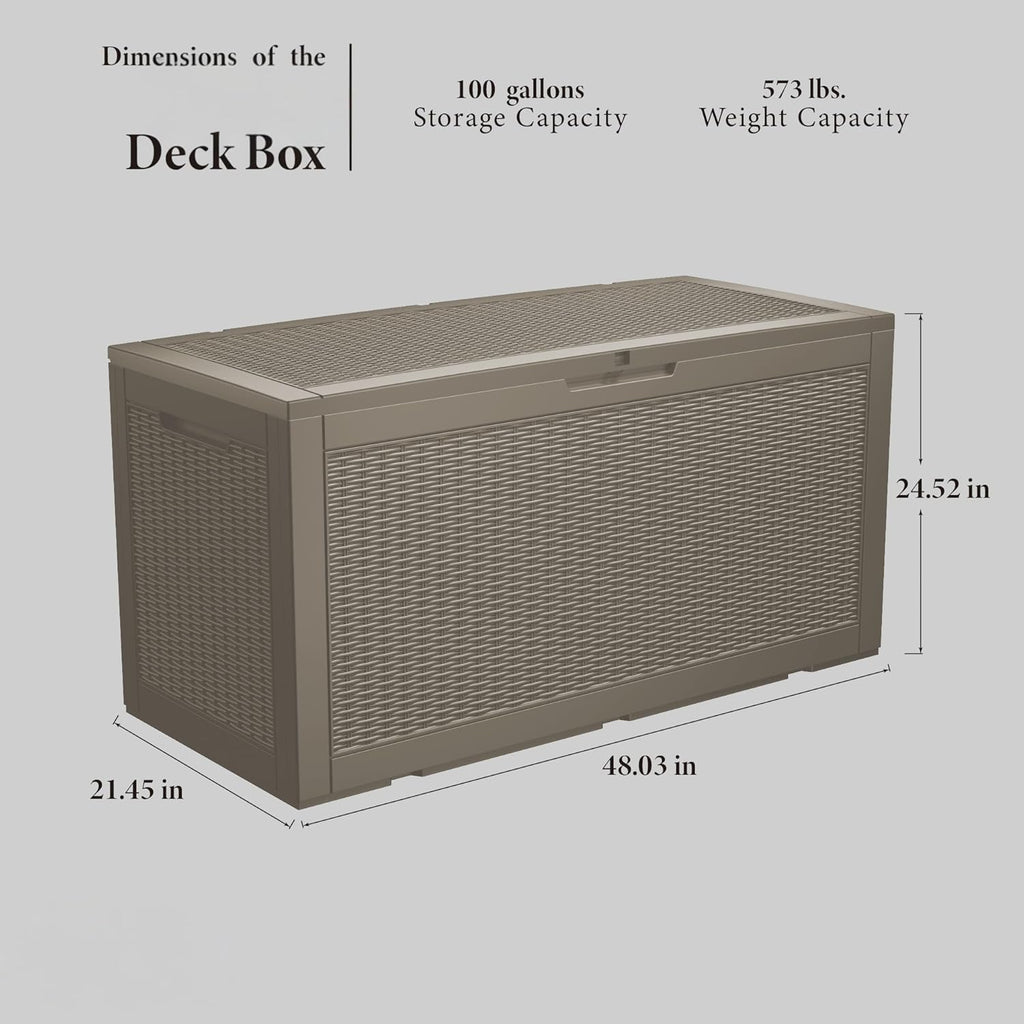 100 Gallon Waterproof Large Resin Deck Box Indoor/Outdoor Lockable Storage Container and Seating for Garden, Pool, and Patio (100 Gallon, Grey)