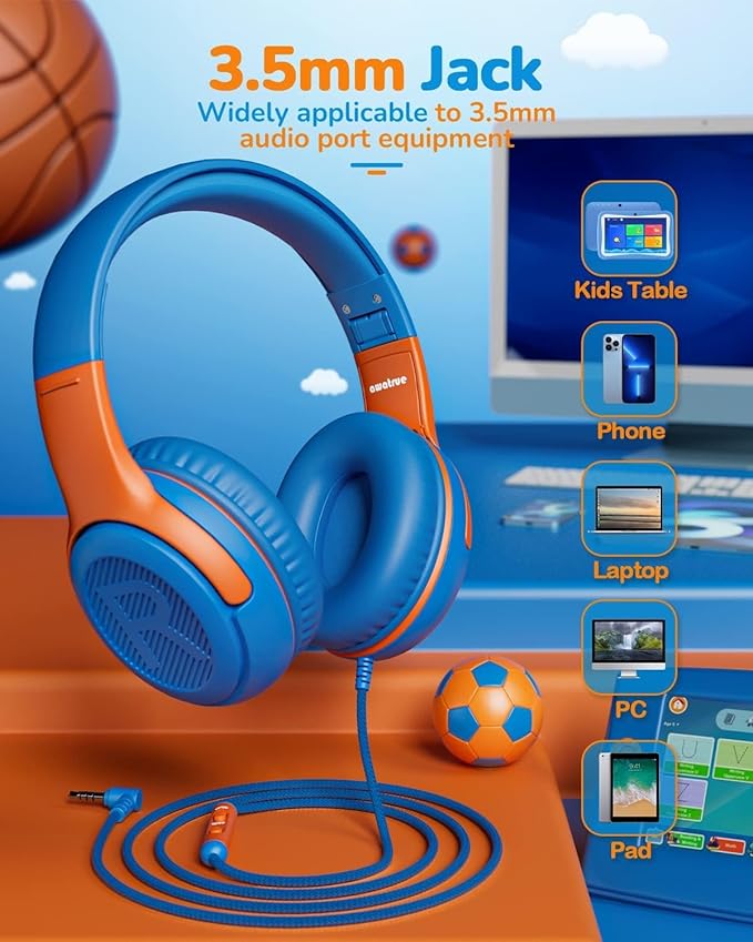 Kids Headphones Wired Toddler Headphones with Microphone, Over-Ear Headphones, 85/94dB Volume-Limiting, 3.5mm Jack, Foldable On-Ear Design - Safe & Comfortable for Learning BRBO