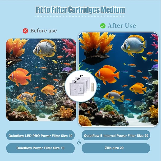 12 Pack Medium Filter Cartridges+ 8 Pack Ammonia Reducer Filter Pads Compatible with Aqueon QuietFlow LED PRO Power Filter Size 10 & E Internal Power Size 20 & Zilla Size 20