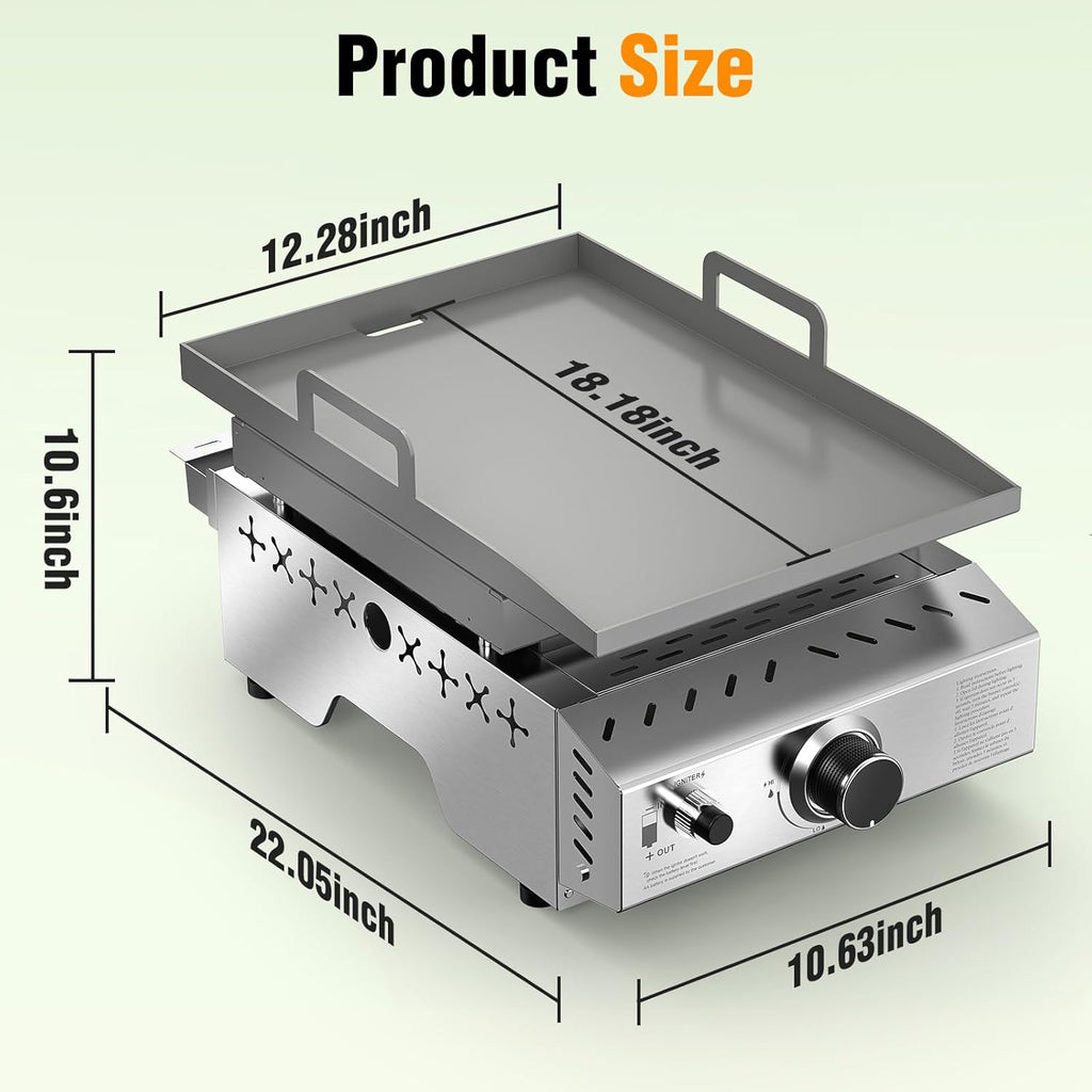 Stainless Steel Tabletop Grill,18 Inch Portable Propane Grill Griddle with Handle,8000 BTU Flat Top Grill for Camping, Outdoor & Tailgating Barbecue