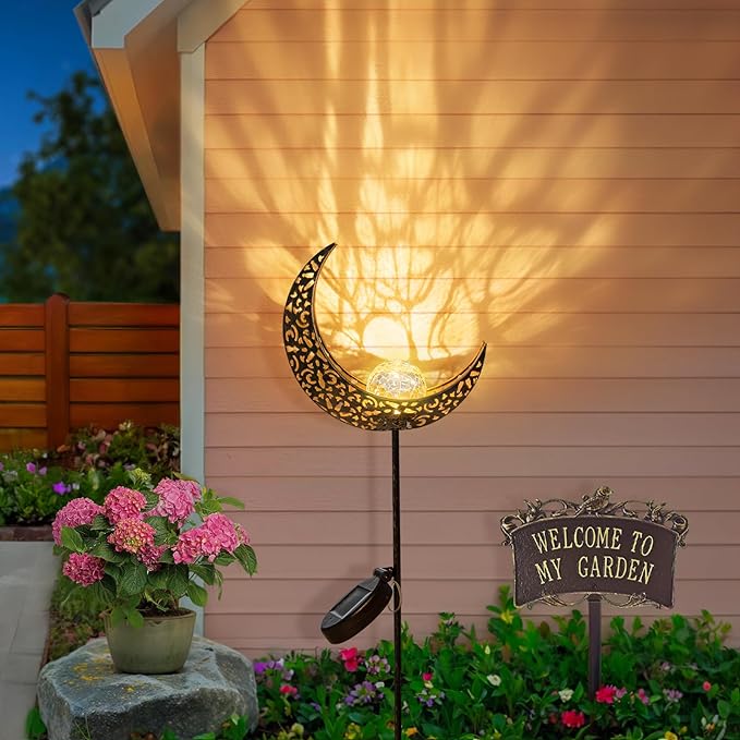HOMEIMPRO 2Pack Moon Garden Solar Lights Outdoor Stakes Waterproof, Gifts for Mom, Crackle Glass Patio, Backyard Decorations, Balcony Lawn Ornaments, for Women Men Grandma (Bronze)