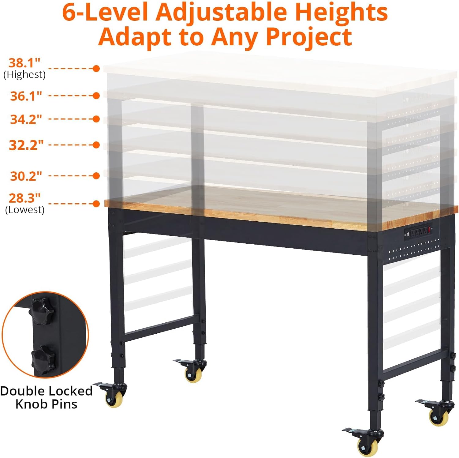 60'' Adjustable Workbench, Heavy Duty Workbench with Power Outlet and Lockable Wheels, 2000 LBS Capacity, Work Table Suitable for Office, Garage, Workshop