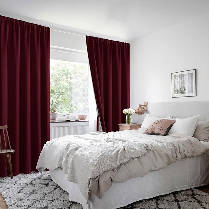 XWZO 100% Blackout Window Curtains - Thermal Insulated & Noise Reduction Black Liner Rod Pocket Window Treatment Sewn with Tiebacks for Bedroom/Living Room, Burgundy, W52 x L45, Set of 2