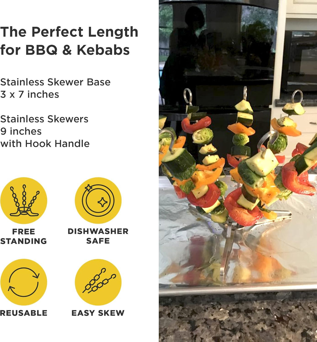 O-Yaki Flat Metal Kabob Skewer for Grilling – Set of 9 BBQ Skewers Stainless Steel with Storage Bag, Dishwasher Safe Skewers with Hook Handle & Sharp Tip for Outdoor BBQ, Cookouts & Oven Use – 9 Inch