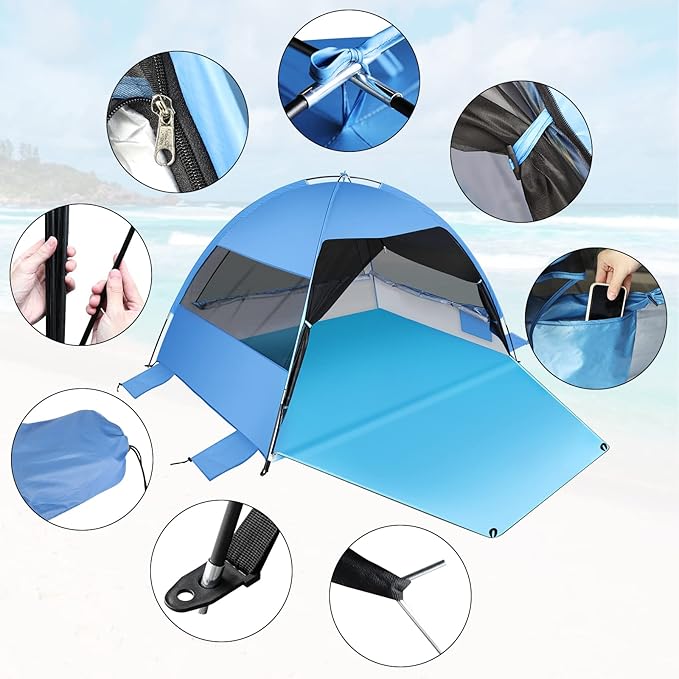 Large Easy Setup Beach Tent,Anti-UV Beach Shade Beach Canopy Tent Sun Shade with Extended Floor & 3 Mesh Roll Up Windows Fits 3-4 Person,Portable Shade Tent for Outdoor Camping Fishing (Blue)