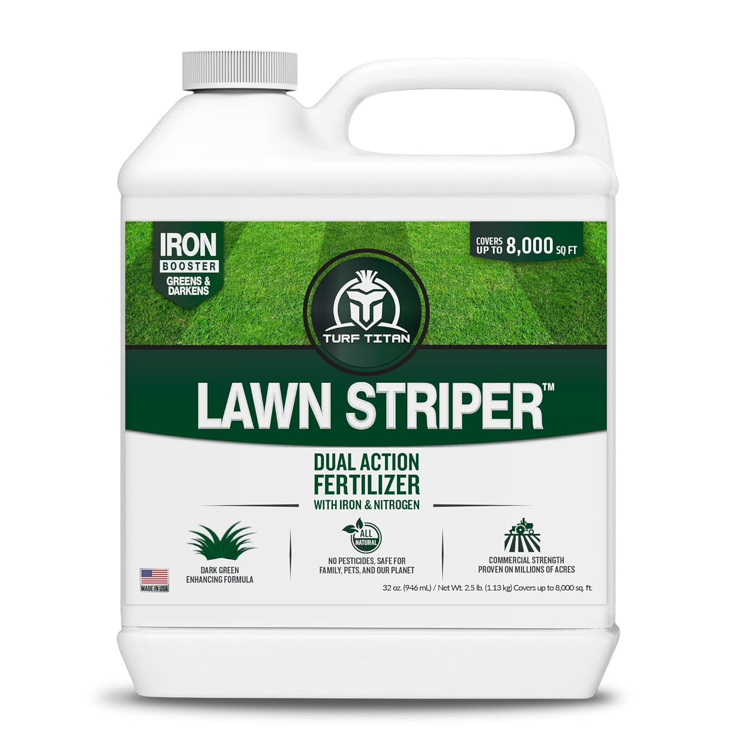 Turf Titan Lawn Striper - Iron & Nitrogen Fertilizer to Promote Dark-Green, Stripe-Defined Turfs - Kids & Pet Safe, Natural Lawn Fertilizer - Stunning Green Grass Fertilizer - Covers up to 8,000 Sq Ft