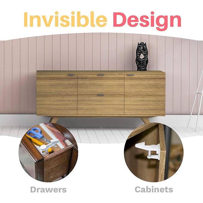 Inaya Cabinet Locks Baby Proofing - Child Proof Drawer Locks - Child Safety Cabinet Latches with 3M Adhesive Easy Installation - No Drilling or Extra Screws (8 Pack)