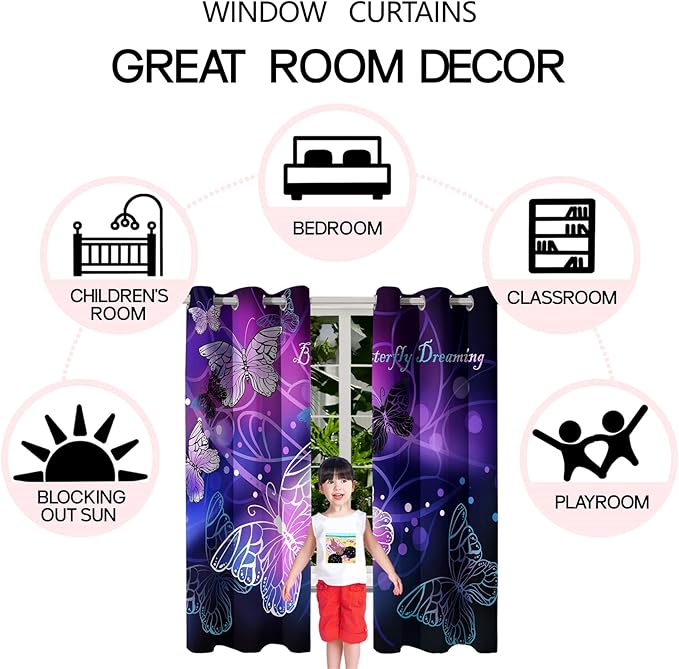 Butterfly Blackout Curtain for Girls Bedroom 2Pcs, Purple Window Curtain Panels Drapes Set Curtains 63 inch Length for Kids Bedroom Nursery Room Grommet Top Thermal Insulated Curtains, 82" x 63"