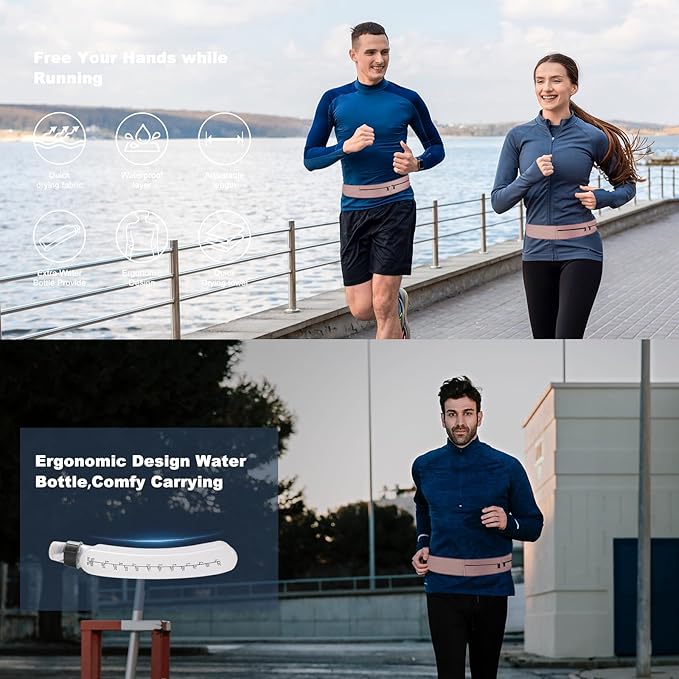 Running Belt for Women and Men, Water Proof Running Belts Fanny Pack with Water Bottle,Slim Hydration Running Bag Belts with Phone Bottle Holder Adjustable Fit for Runner (Pink, Medium)