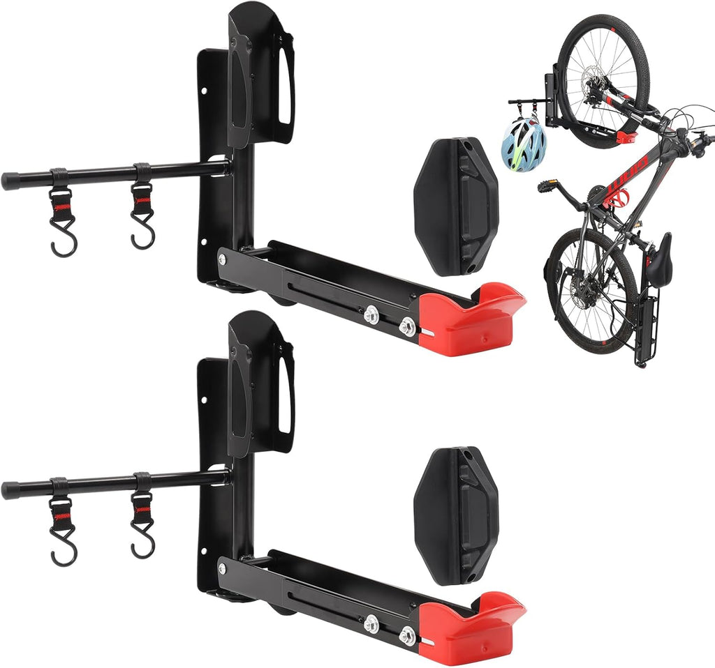 Bike Wall Mount Rack Adjustable & Foldable Garage Bike Rack with Swivel Design & 2 Storage Hooks, Fits 20"-29" Bikes, Holds Up to 77 lbs, Easy Install & Space-Saving Bike Storage 2 Pack