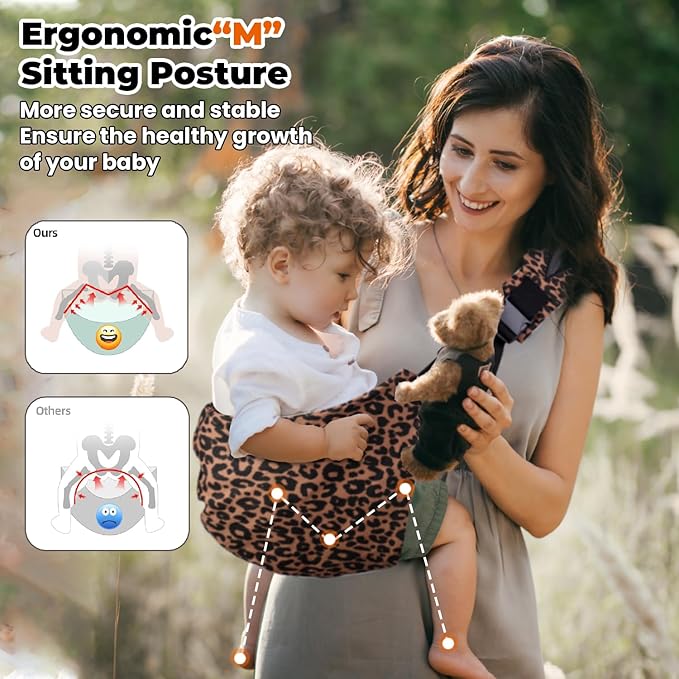 Baby Sling Carrier Adjustable Baby Sling 2025 Upgraded Toddler Sling Comfortable Baby Wrap Carriers Ergonomic-Designed, Travel Friendly Carrying 10-45 LbsLeopard