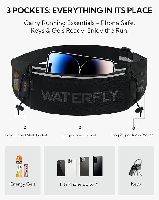 WATERFLY Running Belt Fanny Pack: Breathable 3 Pocket Waist Bag for Men Women Workout Exercise Fitness Phone Holder Fits ALL Phones - Runner Marathon Jogging Race Belt With Bib Clip Black
