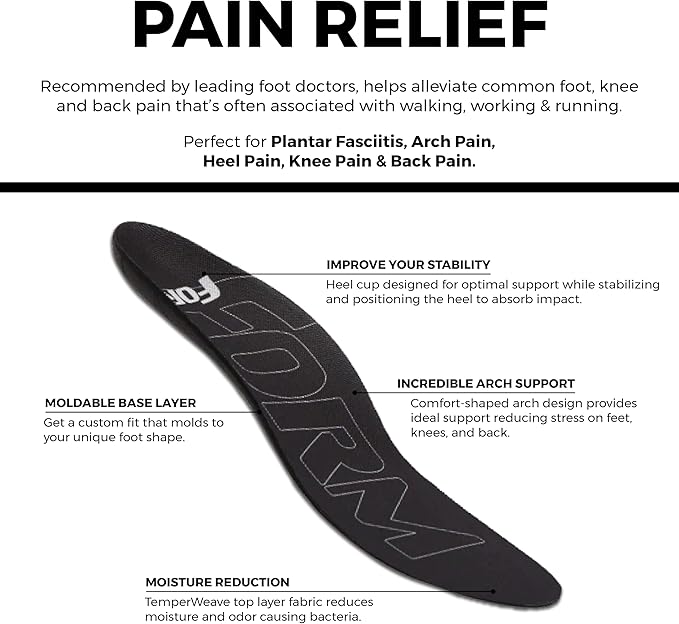 Ultra-Thin Plantar Fasciitis Insoles Designed for Comfort & Maximum Pain Relief, Ideal for Dress Shoes & Boots | Black (Men's 11-11.5, Women's 12.5)