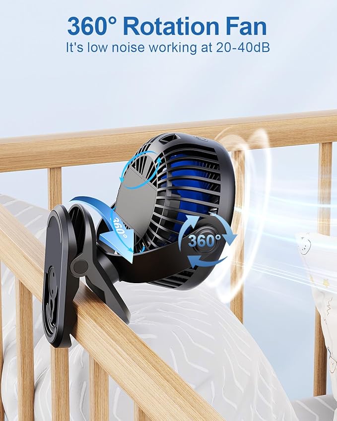 SWEETFULL Portable Clip on Fan - Battery Operated Stroller Fan, 4000mAh Small Rechargeable Fans with LED Display, 4 Speeds, Mini Personal Cooling Desk Cooler for Golf Cart Travel Camping Gym (Black)