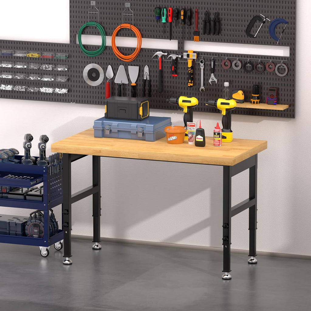 Solid Wood 48" Work Bench, Adjustable Height Workbench, Heavy-Duty Work Table, 2000 LBS Load Capacity Workstation for Garage, Workshop, Office, Home(48" X 24")