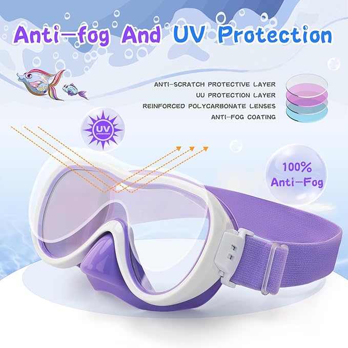 Kids Swim Goggles with Nose Cover, Anti-Leak Swim Mask with Elastic Fabric Strap, UV Protection Swimming Goggles for Kids