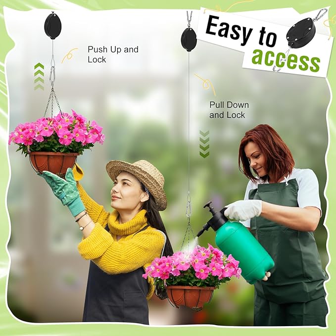 Plant Pulleys for Hanging Plants, Heavy Duty Retractable Hangers, 304 Stainless Steel Rope, Auto Plant Holder, Adjustable Climbing Hook for Garden Baskets Watering, or Bird Feeders (Black-4)