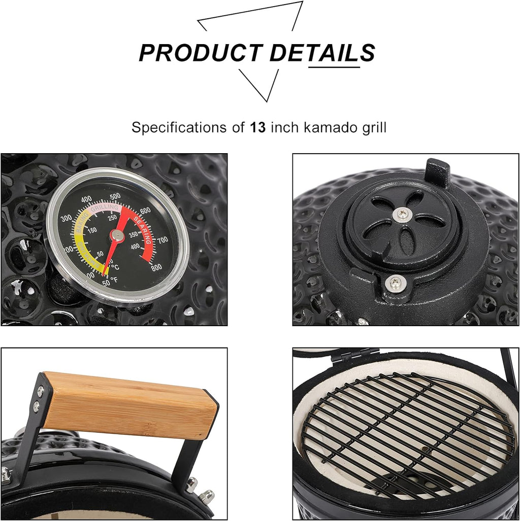 13" Round Ceramic Kamado Charcoal Grill - Heavy-Duty Black Outdoor BBQ Smoker with Heat Retention, Portable Egg Design for Grilling, Smoking, Baking & Roasting (Includes Ash Tool)