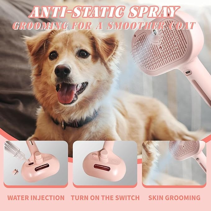 Cat steam brush – Effective Pet Brush for Indoor Cats, Steam Technology for Shedding, Mats & Grooming – Ideal cat brush indoor for Deep Cleaning (Pink)