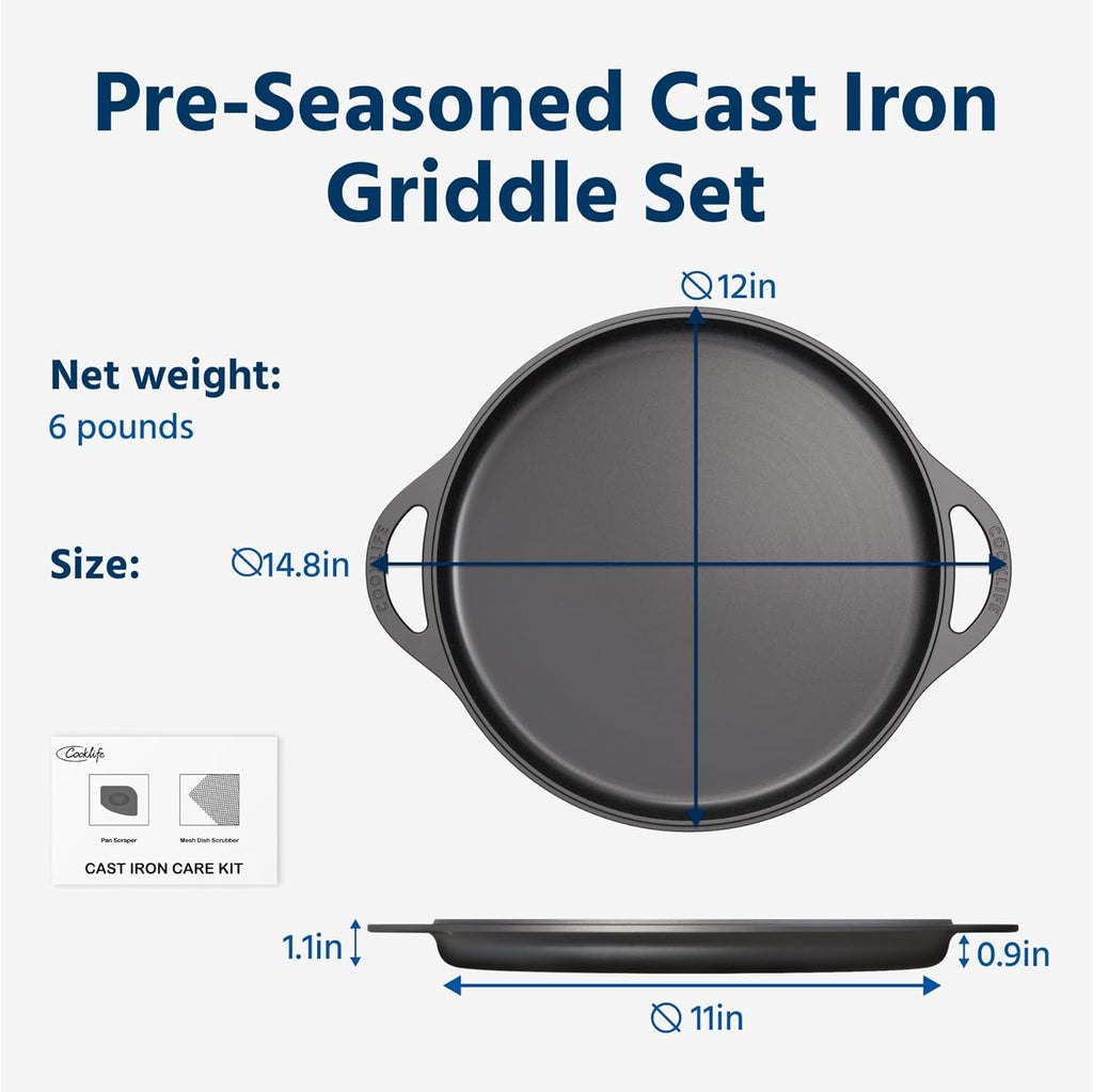 COOKLIFE 12 Inch Lightweight Pre-Seasoned Cast Iron Griddle - Smooth Polished Surface, Easy to Clean Cast Iron skillets Use in the Oven, on the Stove or Grill, Over a Campfire
