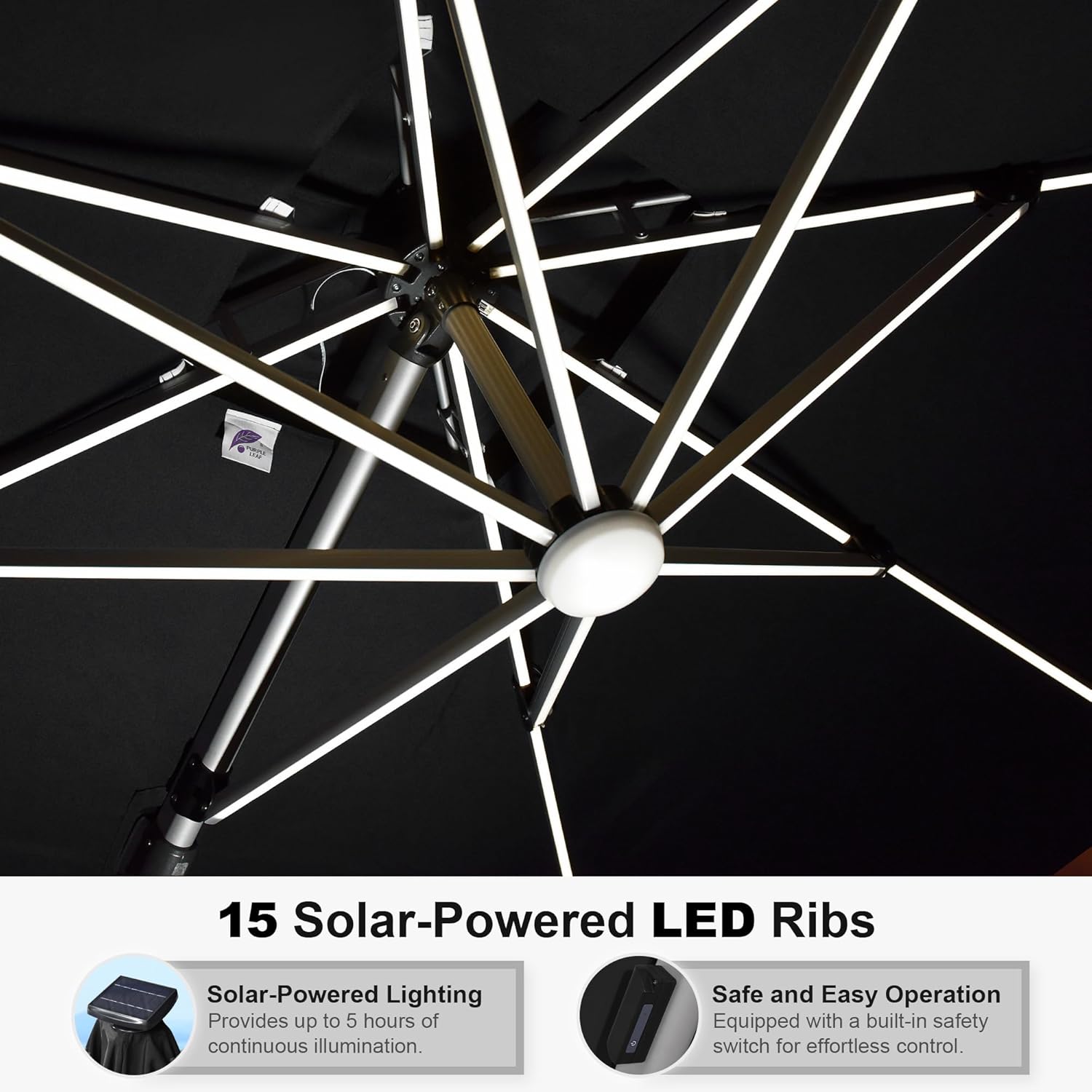 Purple Leaf 9' x 12' Solar Powered LED Rectangle Patio Umbrella Offset Hanging in Black