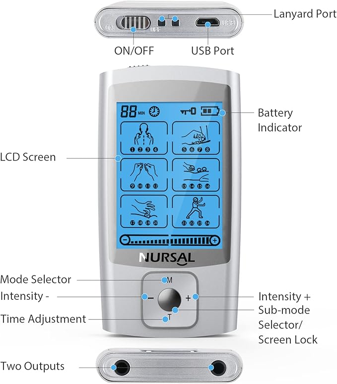 NURSAL 24 Modes TENS Unit Muscle Stimulator with Continuous Stimulation, Rechargeable Electronic Pulse Massager with 8 Pads for Back and Shoulder Pain Relief and Muscle Strength (Silver)